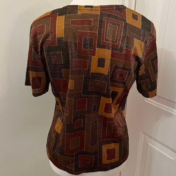 Vintage 80's Brown Geometric Square Metallic Short Sleeve Shirt Vue Point Size M - Picture 2 of 3